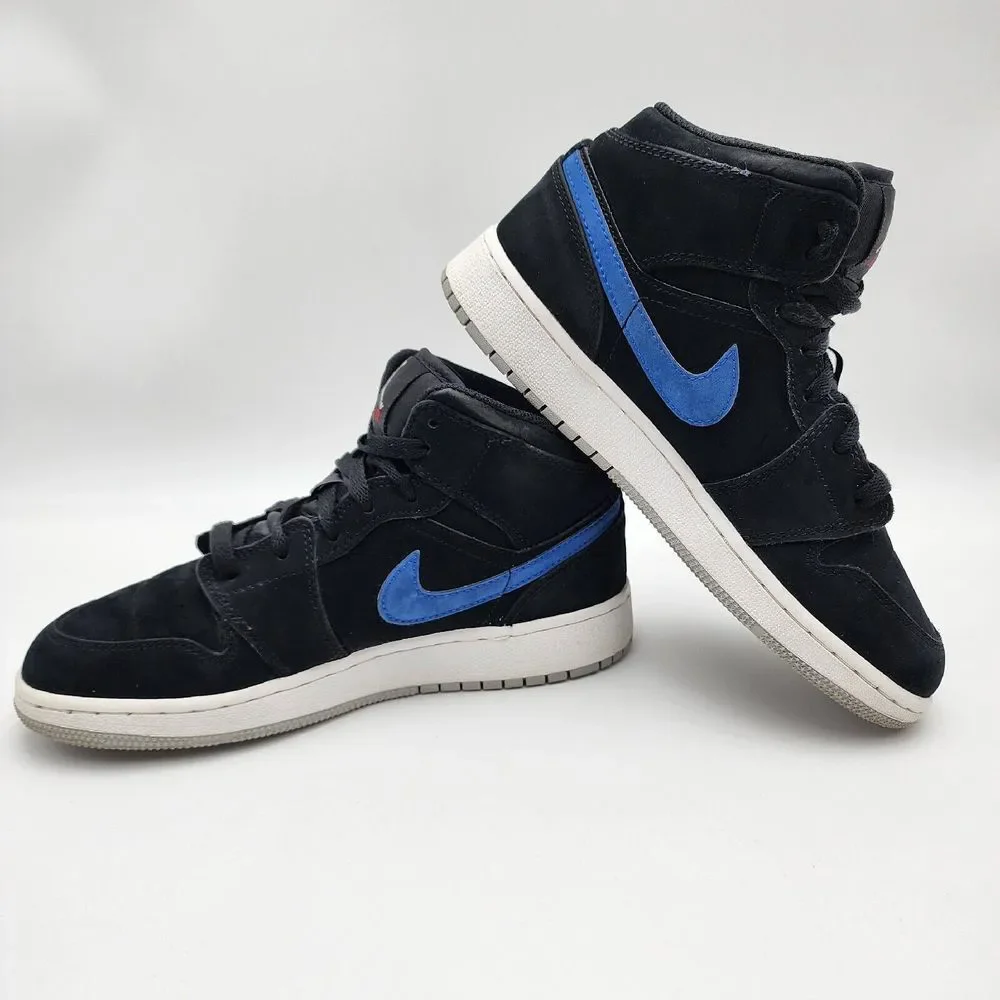 Nike Air Jordan 1‎ Mid, Suede, Black, Size 5Y Red and Blue Swoosh Boys Youth